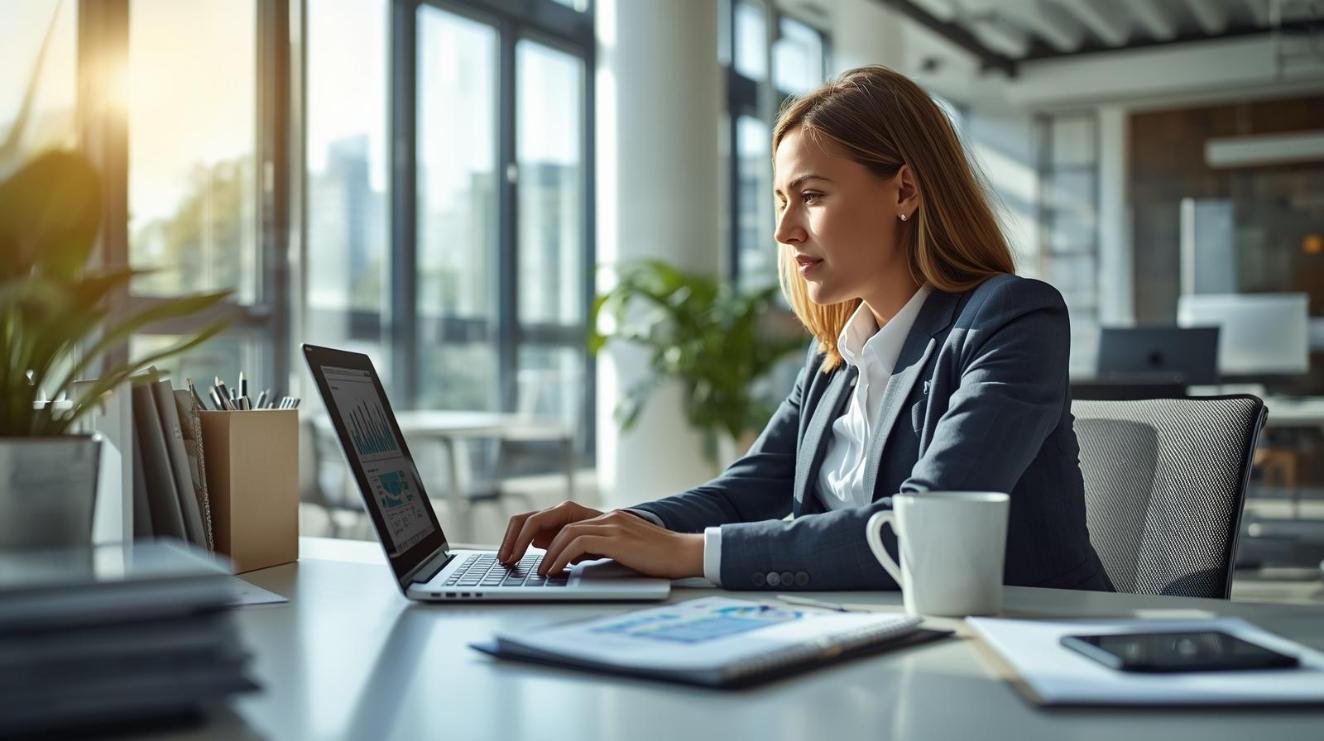 Professional analyzing integrated business data on laptop in bright modern collaborative office space.