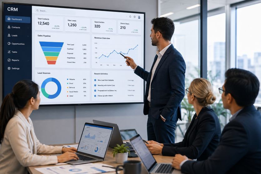 consulting office using CRM software dashboards